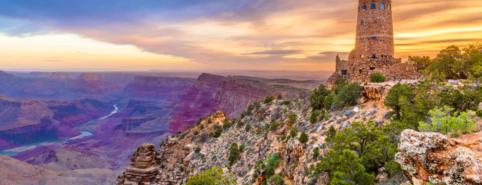Desert View Watchtower overlooking the Grand Canyon at sunset